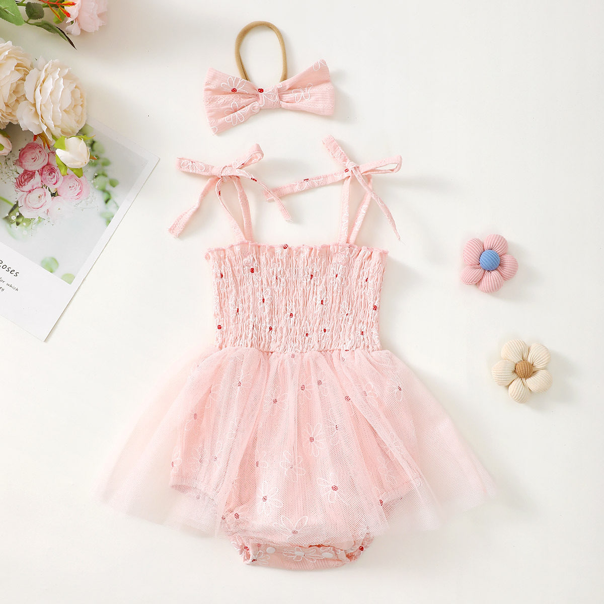 Baby Girl Mesh Camisole Princess Dress With Bowknot Headwear