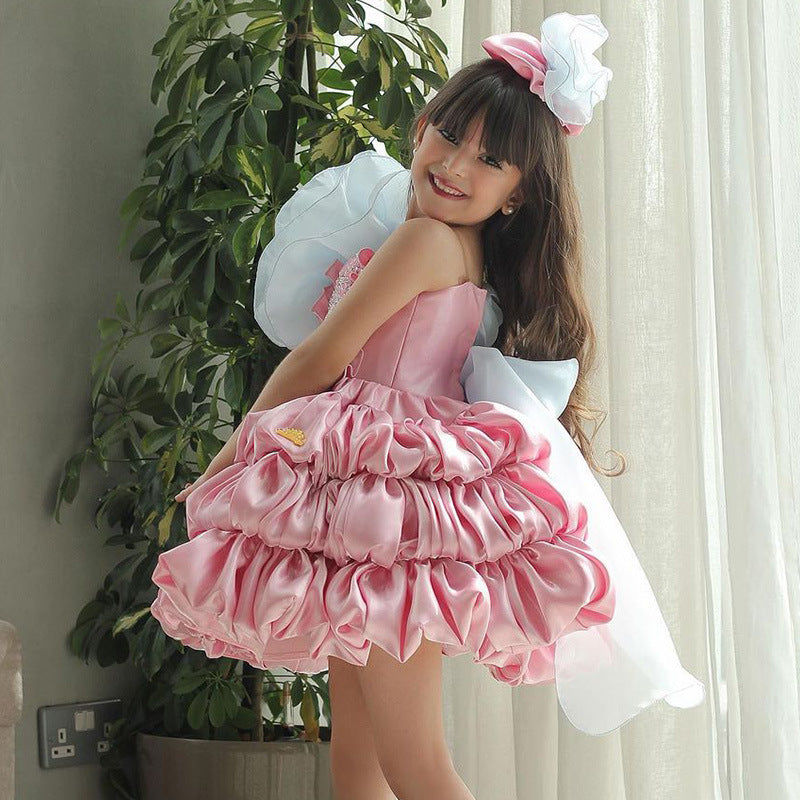 Summer Bow Children's Pink Puffy Cake Dress Catwalk Performance Clothing