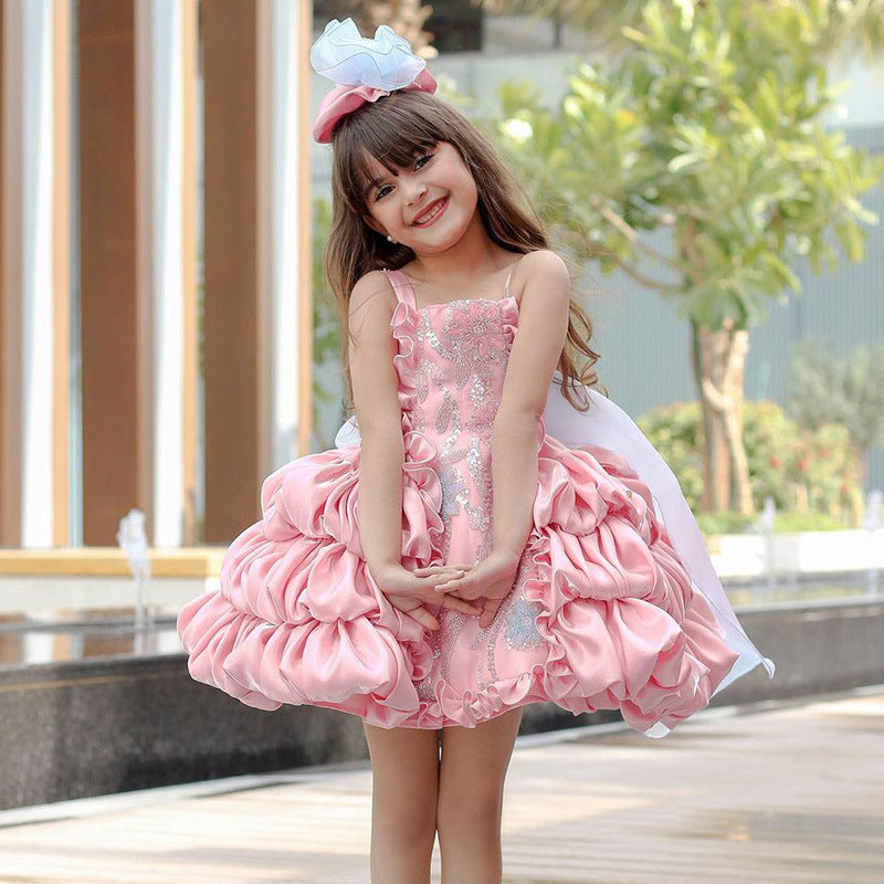 Summer Bow Children's Pink Puffy Cake Dress Catwalk Performance Clothing