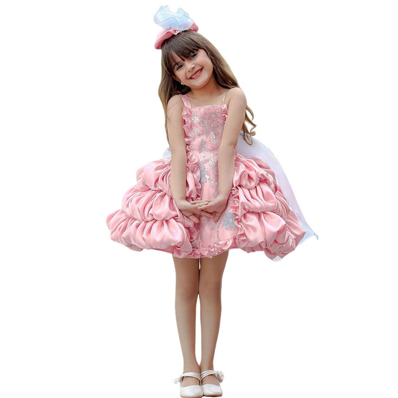 Summer Bow Children's Pink Puffy Cake Dress Catwalk Performance Clothing