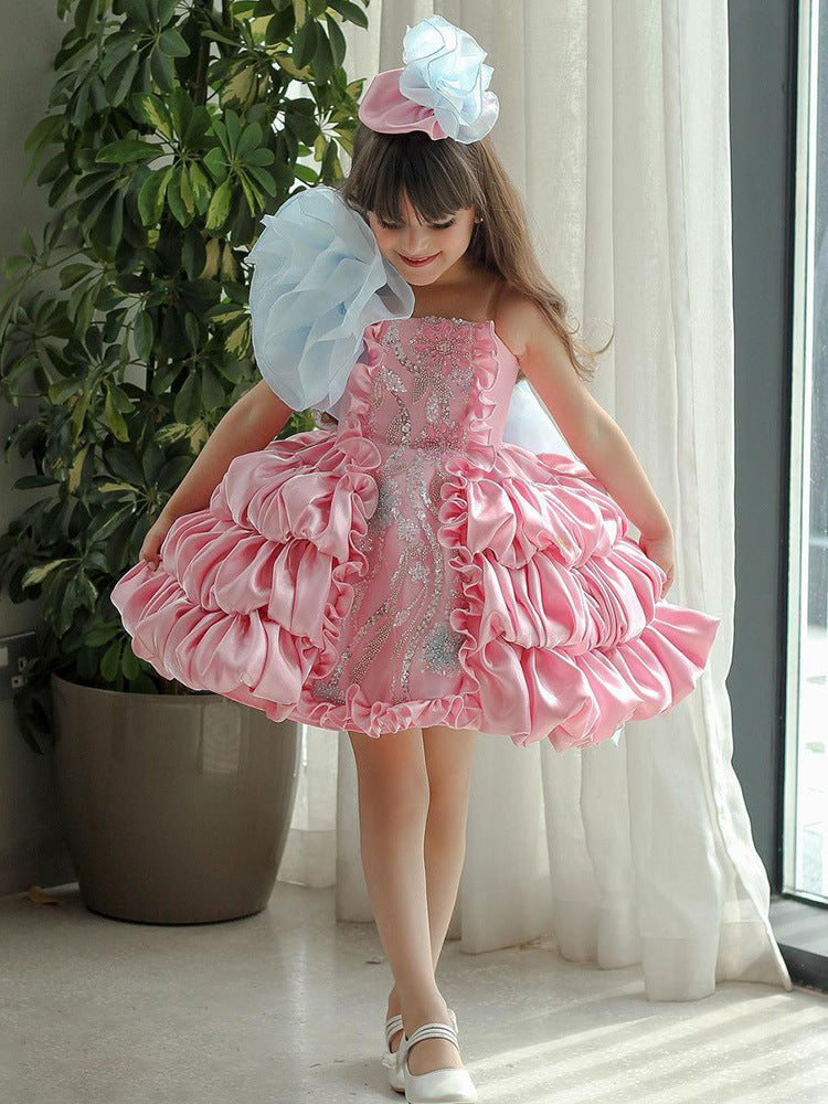 Summer Bow Children's Pink Puffy Cake Dress Catwalk Performance Clothing