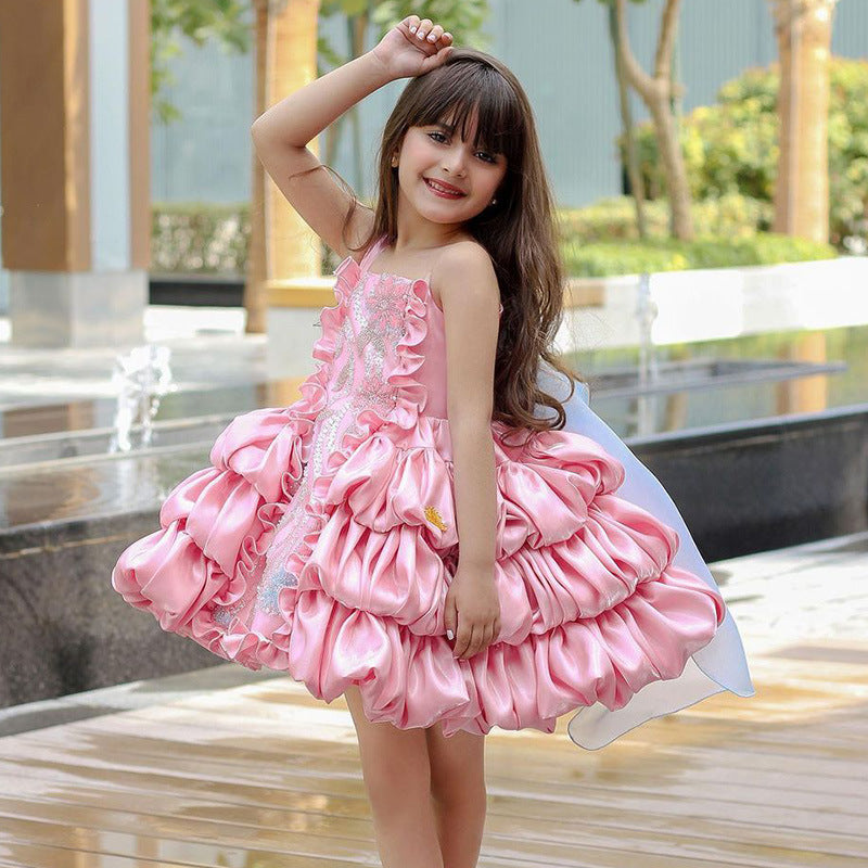 Summer Bow Children's Pink Puffy Cake Dress Catwalk Performance Clothing