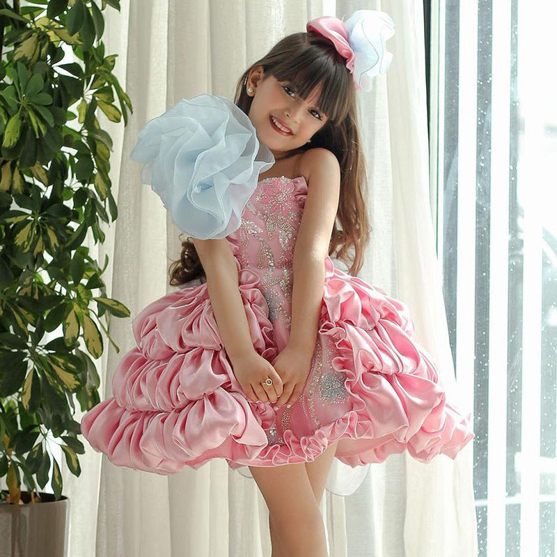 Summer Bow Children's Pink Puffy Cake Dress Catwalk Performance Clothing