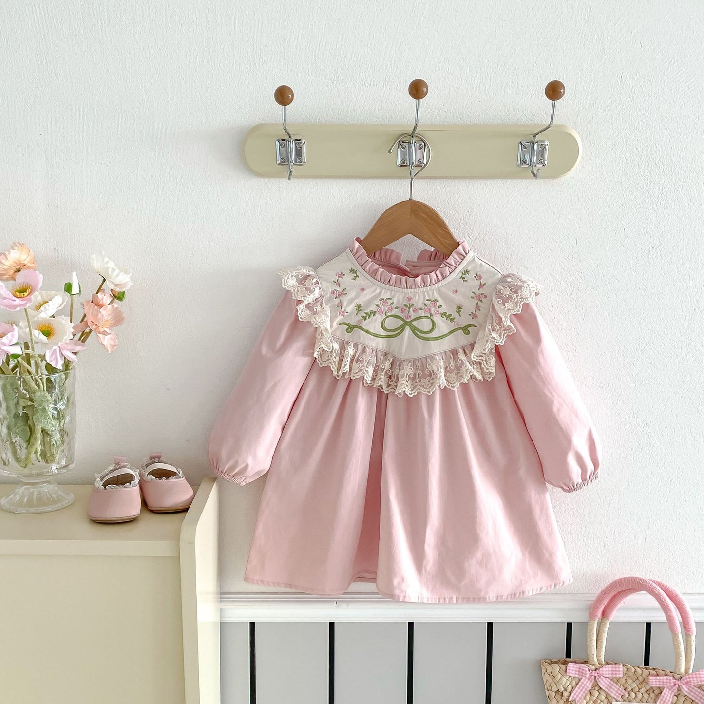 Pure Cotton Girls' Dress Lace Stand Collar Flower Embroidery