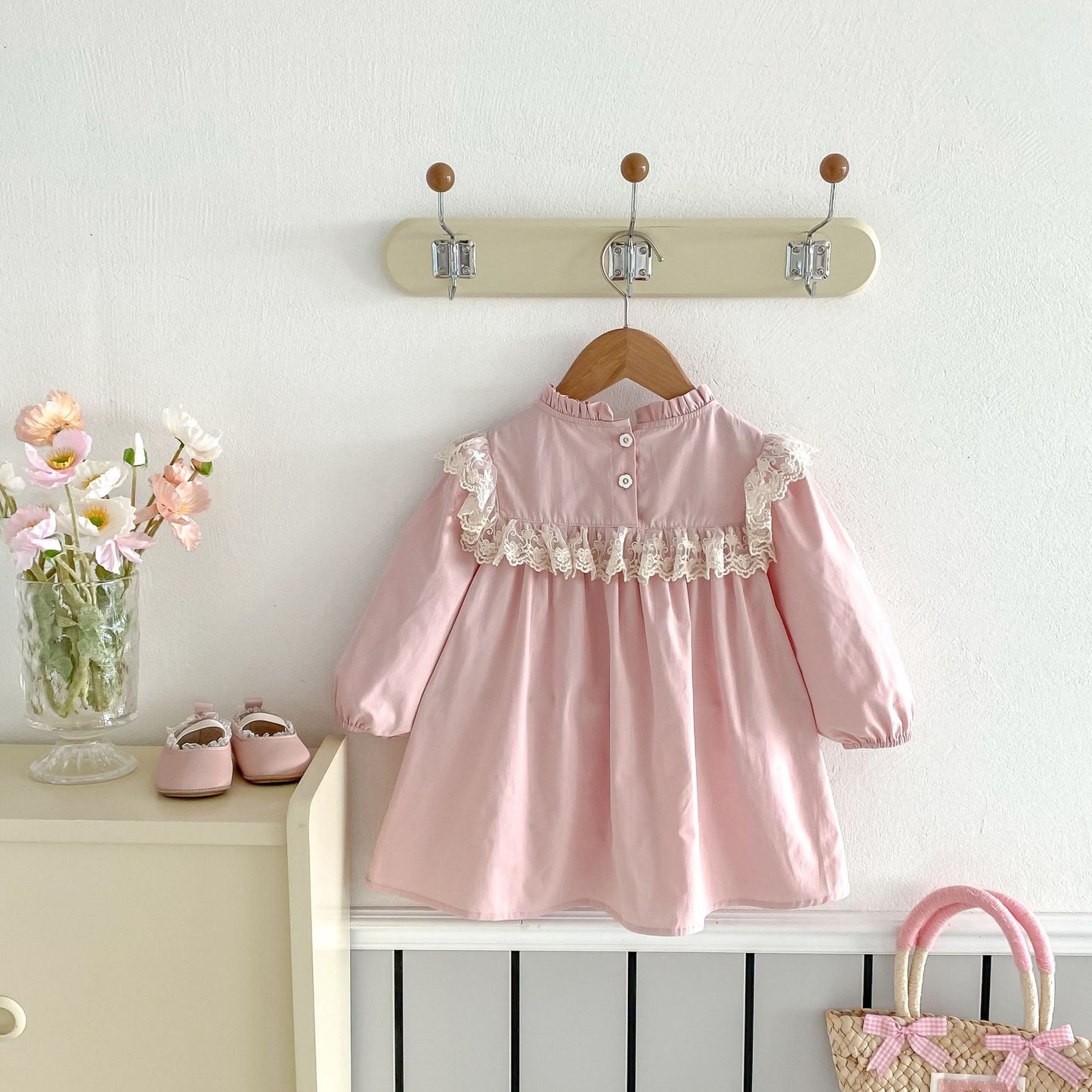 Pure Cotton Girls' Dress Lace Stand Collar Flower Embroidery