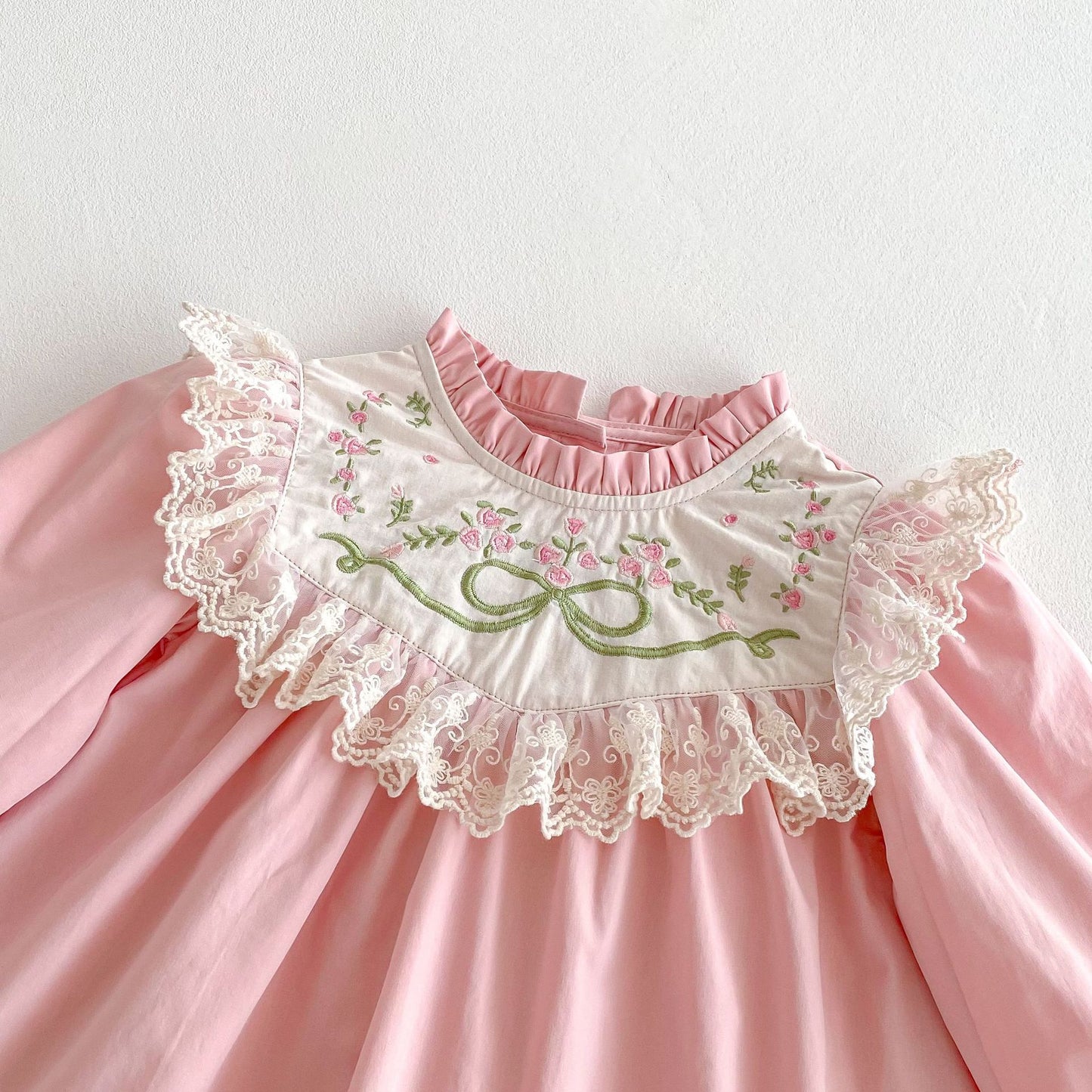 Pure Cotton Girls' Dress Lace Stand Collar Flower Embroidery