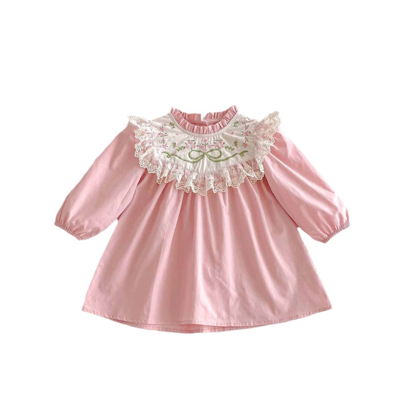 Pure Cotton Girls' Dress Lace Stand Collar Flower Embroidery